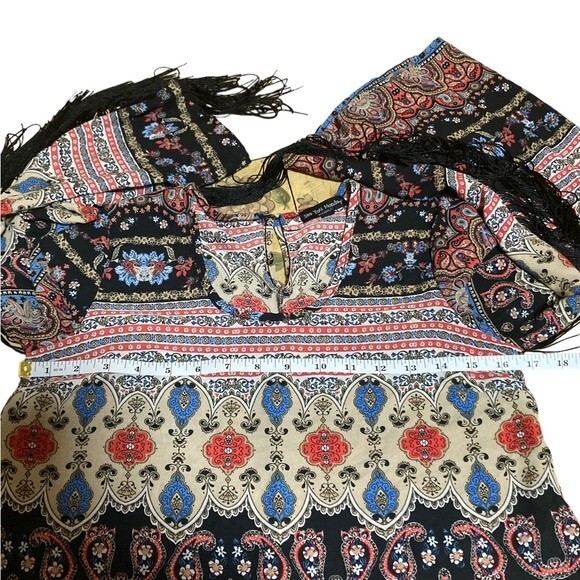 See You Monday women’s paisley print and black fringe sleeved blouse. Boho chic! - Picture 7 of 9